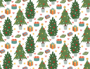 Seamless pattern with decorated Christmas trees and present boxes. Colorful holiday background	