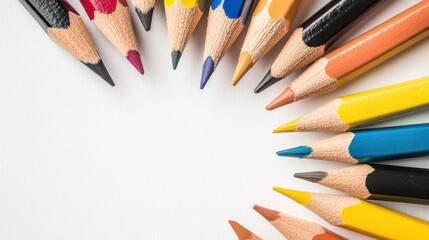 Fototapeta premium Closeup of sharpened pencils arranged in a circular pattern, showcasing vibrant colors for educational marketing