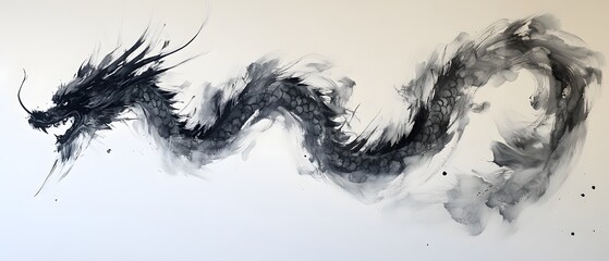 Illustration of Chinese brush painting of a dragon. Black ink lines drawn by master artist. It is a line that has weight, heaviness and lightness in art. Suitable for applying and decorating anywhere.