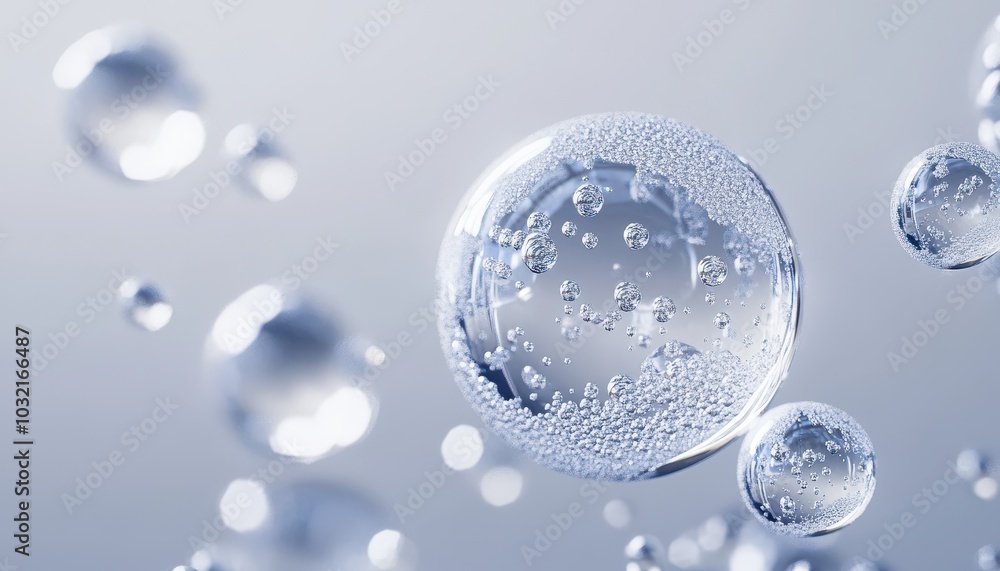 Poster close-up view of transparent liquid bubbles with white droplets floating in space