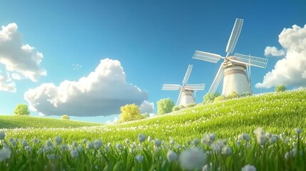 Pastoral kinetic panorama: view of windmills in the countryside with green fields and flowers in spring, seamless looping 4k time lapse, animation video background, ethereal light shifts, swaying