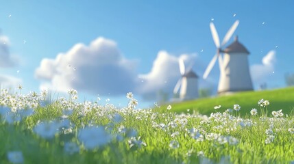 Pastoral kinetic panorama: view of windmills in the countryside with green fields and flowers in spring, seamless looping 4k time lapse, animation video background, ethereal light shifts, swaying