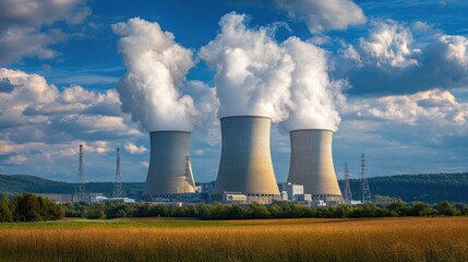 Nuclear power plant with smoke. This image can be used for articles about energy production, nuclear power, or environmental issues.