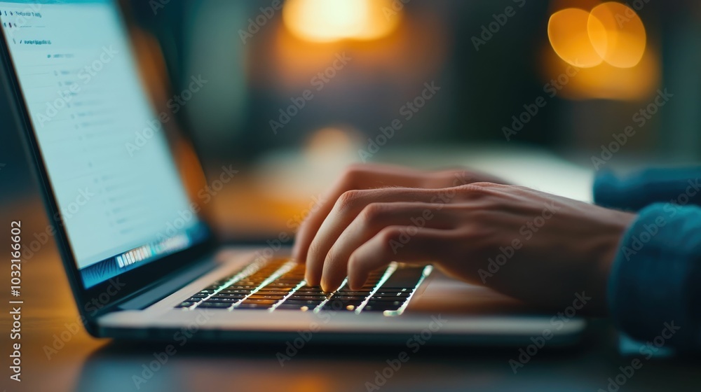 Poster close up of hands typing on laptop with financial data and business strategy displayed on screen in 