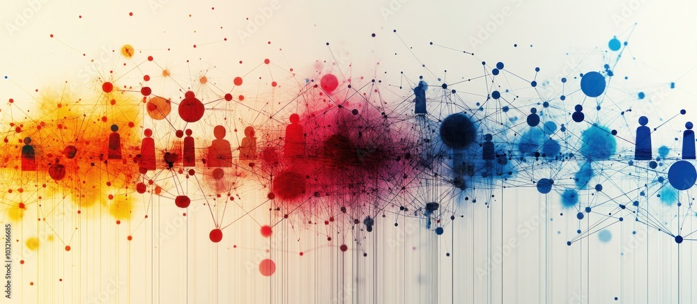 Poster abstract network background with connected dots and lines in red, blue, and yellow.