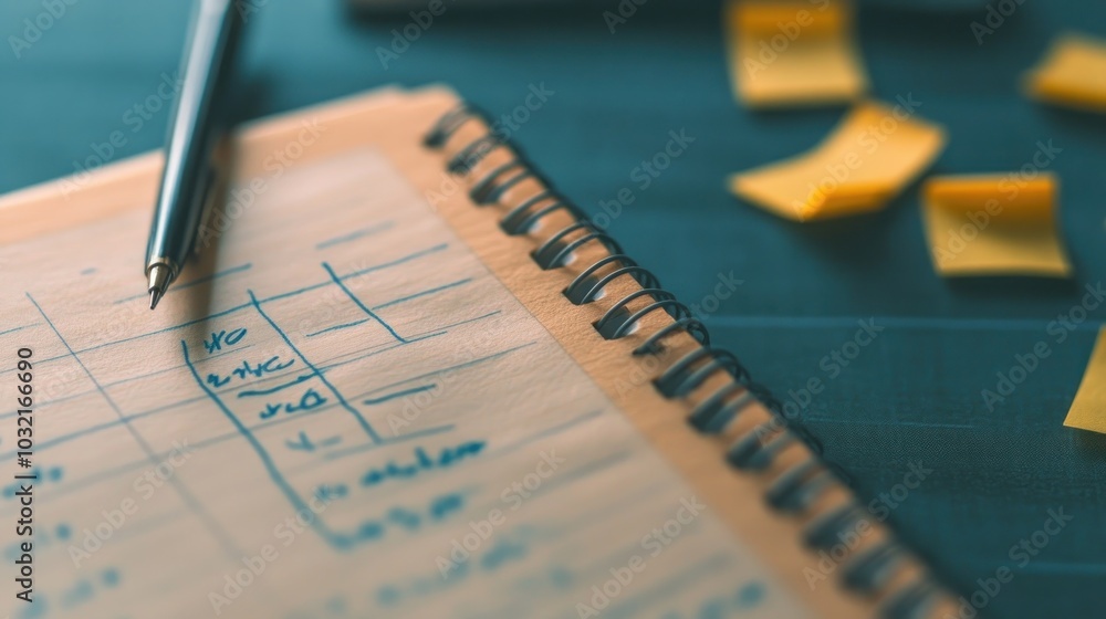 Poster an open spiral bound notebook with a pen lying on top of it. there are yellow sticky notes scattered