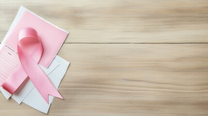 Breast Cancer Awareness Flat Lay with Pink Ribbon on Wooden Table, Pamphlets and Self-Exam Materials