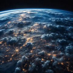 Stunning Panoramic View of Earth from Space: Glowing City Lights and Wispy Clouds in a Night Sky.