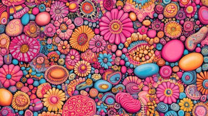 Psychedelic folk art botanica: Psychedelic folk art flowers and rocks, The dabbing technique near the edges gives a soft focus effect due to the altered surface roughness of the paper, vivid