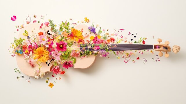 a polished wooden instrument erupts with a fantastical bouquet of flowers, petals and musical notes intertwining in a whimsical explosion of color and melody
