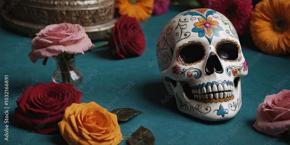 Poster a skull is placed on a table with a vase of flowers in the background