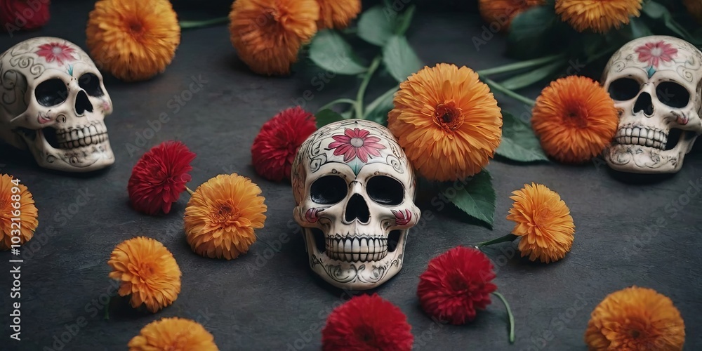Poster three skulls are placed on a table with orange flowers in the background