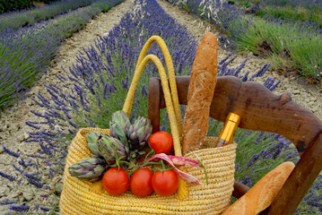 France, Provence,  still life ion food in a basket on a chair in a lavender field