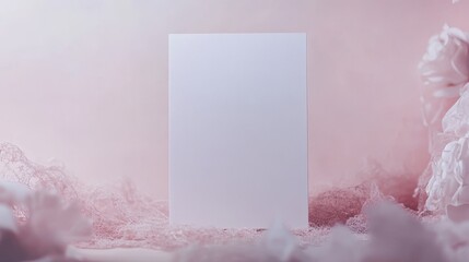 rectangular blank white paper board floats in misty romantic setting delicate lace edges, subtle pearl sheen wispy floral tendrils frame empty space, inviting heartfelt messages minimalist love-story