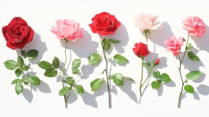 Fototapeta premium red and pink rose blooms in various stages of unfurling, interspersed with verdant leaves meticulously arranged in a linear composition ethereal shadows cast on pristine white backdrop