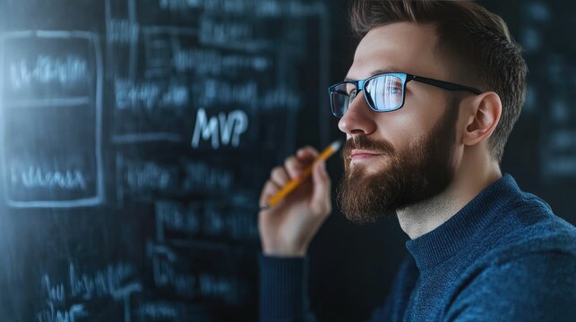 Young male entrepreneur with beard and glasses writing  MVP  Minimum Viable Product on a whiteboard during a startup product development meeting