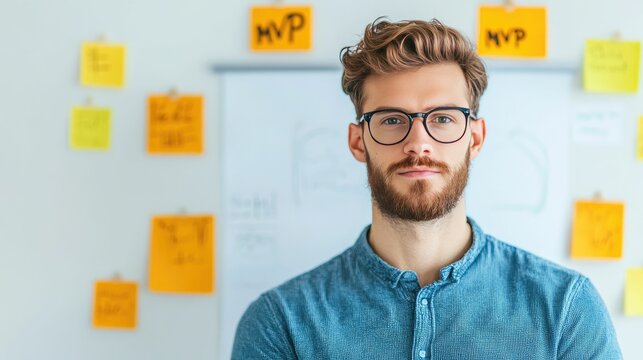 Young entrepreneur writing  MVP  Minimum Viable Product on a whiteboard during a product development meeting showcasing a startup s focus on lean product development and innovation