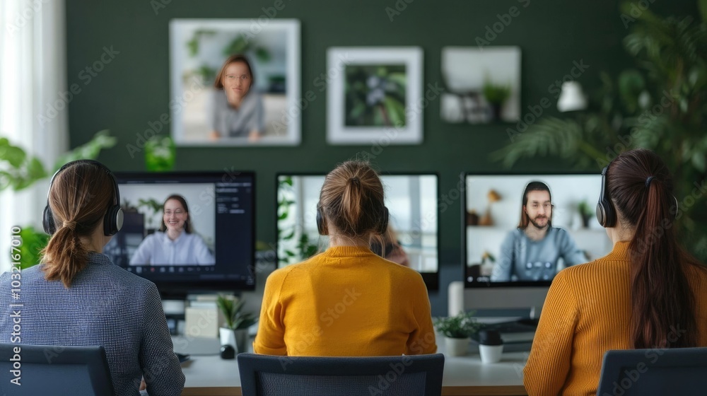 Poster professional startup team members collaborating remotely via video call to discuss and plan their co