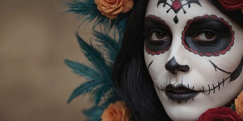 A woman with a black and white face paint and red roses in her hair