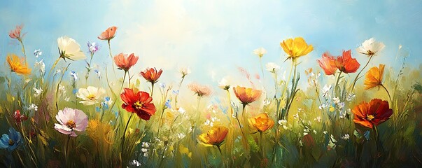 Lush summer meadow depicted in a digital oil painting, vibrant wildflowers in full bloom, impressionistic strokes conveying beauty and serenity