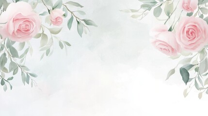 seamless border of pink roses and foliage in soft watercolor delicate washes blend hues, creating dreamy pastel palette leaves rendered in muted sage tones subtle vintage patina evokes timeless
