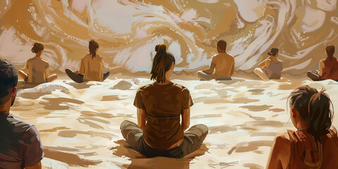 A calm therapist guiding a patient through meditation in a cozy, earth-toned room with dim lighting.