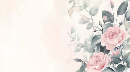 Fototapeta premium seamless border of pink roses and foliage in soft watercolor delicate washes blend hues, creating dreamy pastel palette leaves rendered in muted sage tones subtle vintage patina evokes timeless