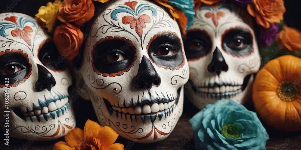 Poster three skulls with flowers on them are on a table