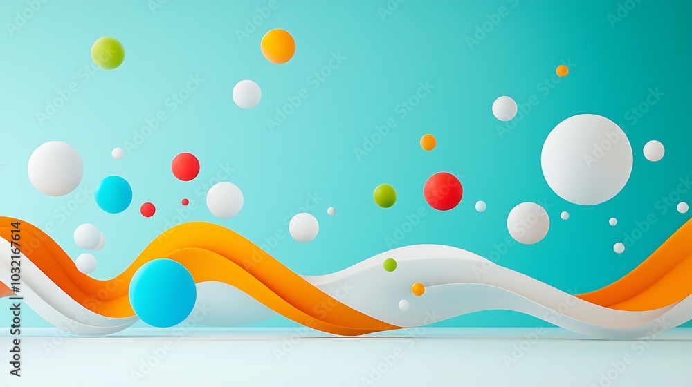 Poster this colorful abstract image features smooth waves and floating spheres in vibrant colors against a 