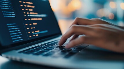 Closeup of hands typing on a laptop computer with real time data analytics and information displayed on the screen guiding a business decision making process