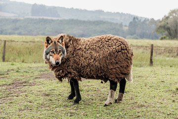 Fototapeta premium Wolf in sheep's clothing closeup portrait isolated with blurred background