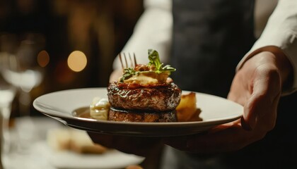Modern food stylist serving a beautifully decorated meal in an upscale restaurant