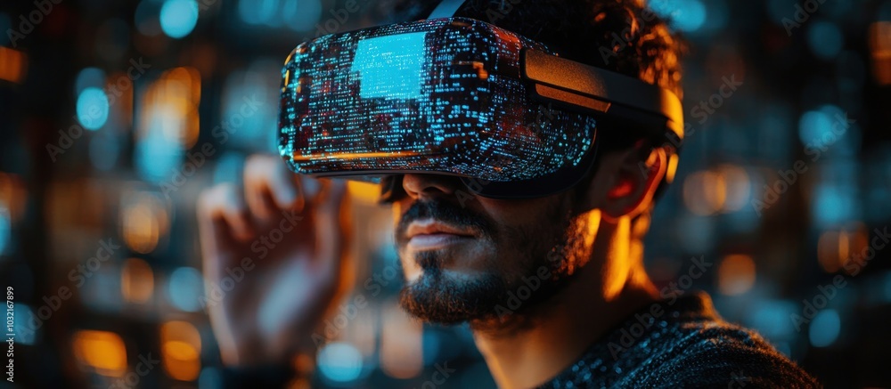 Poster man wearing a vr headset and looking into the virtual reality with an expression of wonder, a blurry