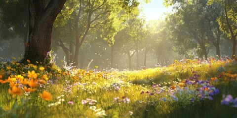 Sunlight through trees illuminates a colorful wildflower meadow.