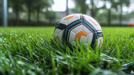 Fototapeta premium A soccer ball resting on freshly watered green grass, ready for a game in a vibrant and refreshing setting, sports preparation, inviting and dynamic