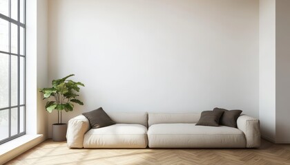 Naklejka premium Modern living room featuring a beige couch and vacant white wall with large windows