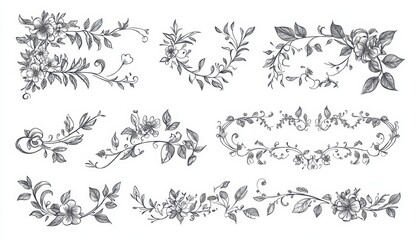 Hand-drawn vintage floral design elements for creative projects and decoration