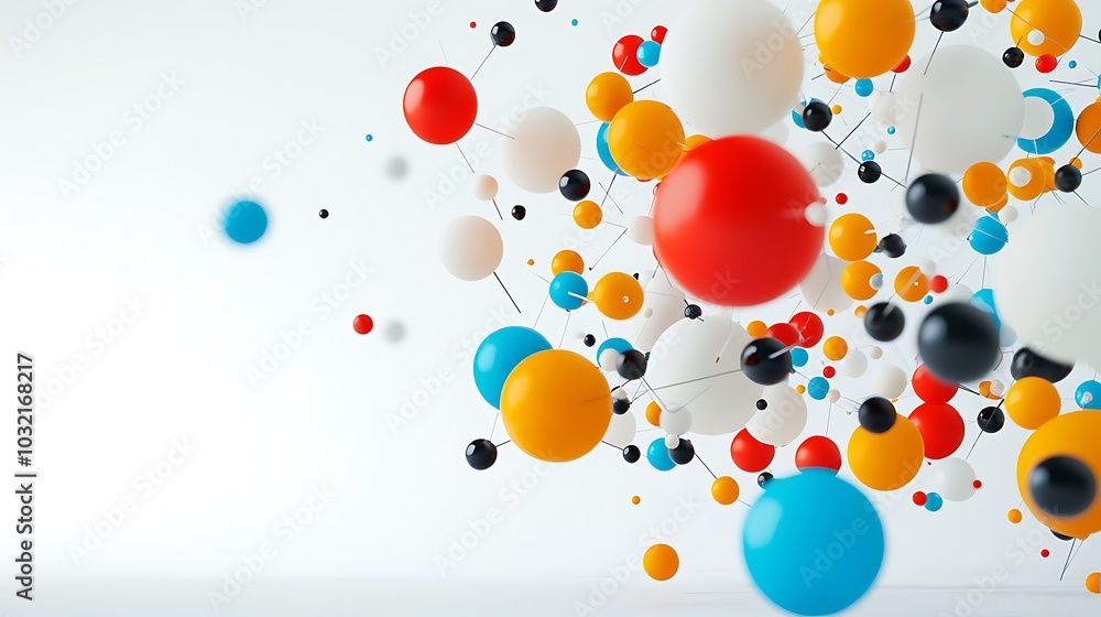 Poster colorful spheres of various sizes and hues appear to float dynamically in a bright background, creat