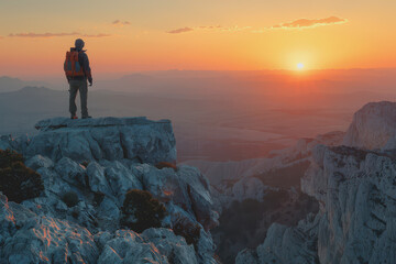 Fototapeta premium A man who hikers enjoy a break look at the top of the mountain at sunset adventure travel.