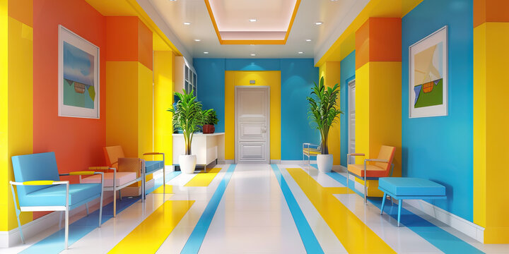A colorful psychiatrist's office, featuring bright yellows and blues on the walls, creating a cheery atmosphere.