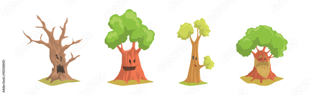 Poster cute tree character with trunk and green crown have face vector set