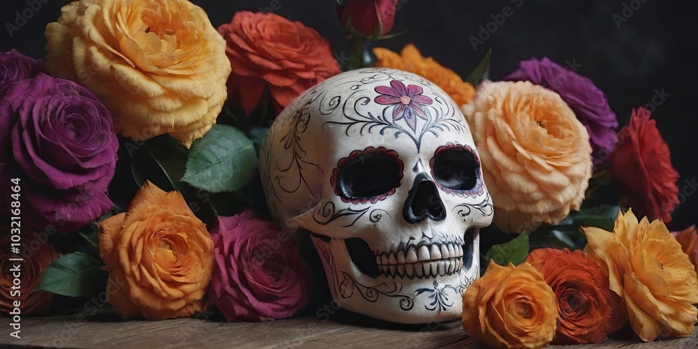 Poster a skull is placed on a table with a bunch of flowers