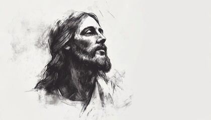 Sketch of Jesus Christ in contemplative pose on a white background