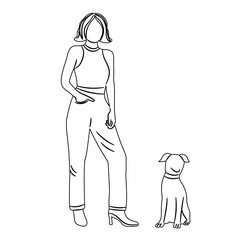 woman and dog, outline sketch, vector