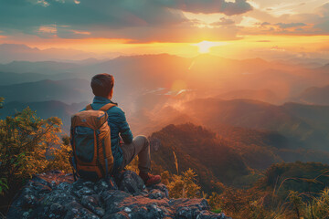 Fototapeta premium A man who hikers enjoy a break look at the top of the mountain at sunset adventure travel.