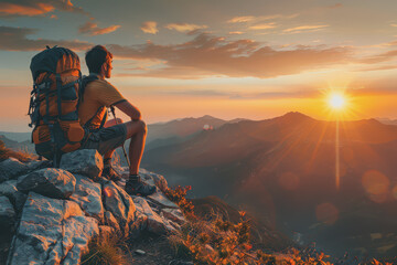 Obraz premium A man who hikers enjoy a break look at the top of the mountain at sunset adventure travel.