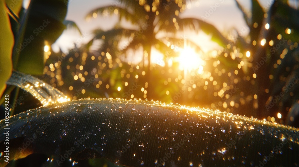 Poster close-up of dew drops on a banana leaf with the sun shining through the trees in the background.