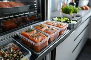 Ultra-realistic detailed view of smoked salmon preparations in a modern kitchen with fresh ingredients arranged for a culinary gathering