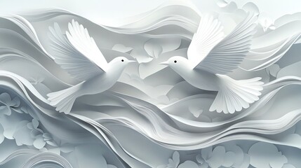 Soft paper cut bird silhouettes, flowing delicate lines, 3D illustration