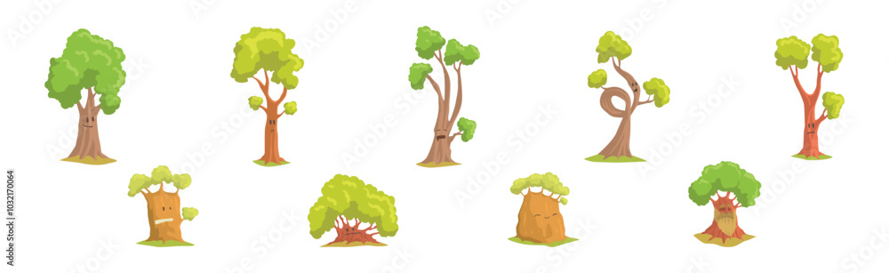 Poster cute tree character with trunk and green crown have face vector set